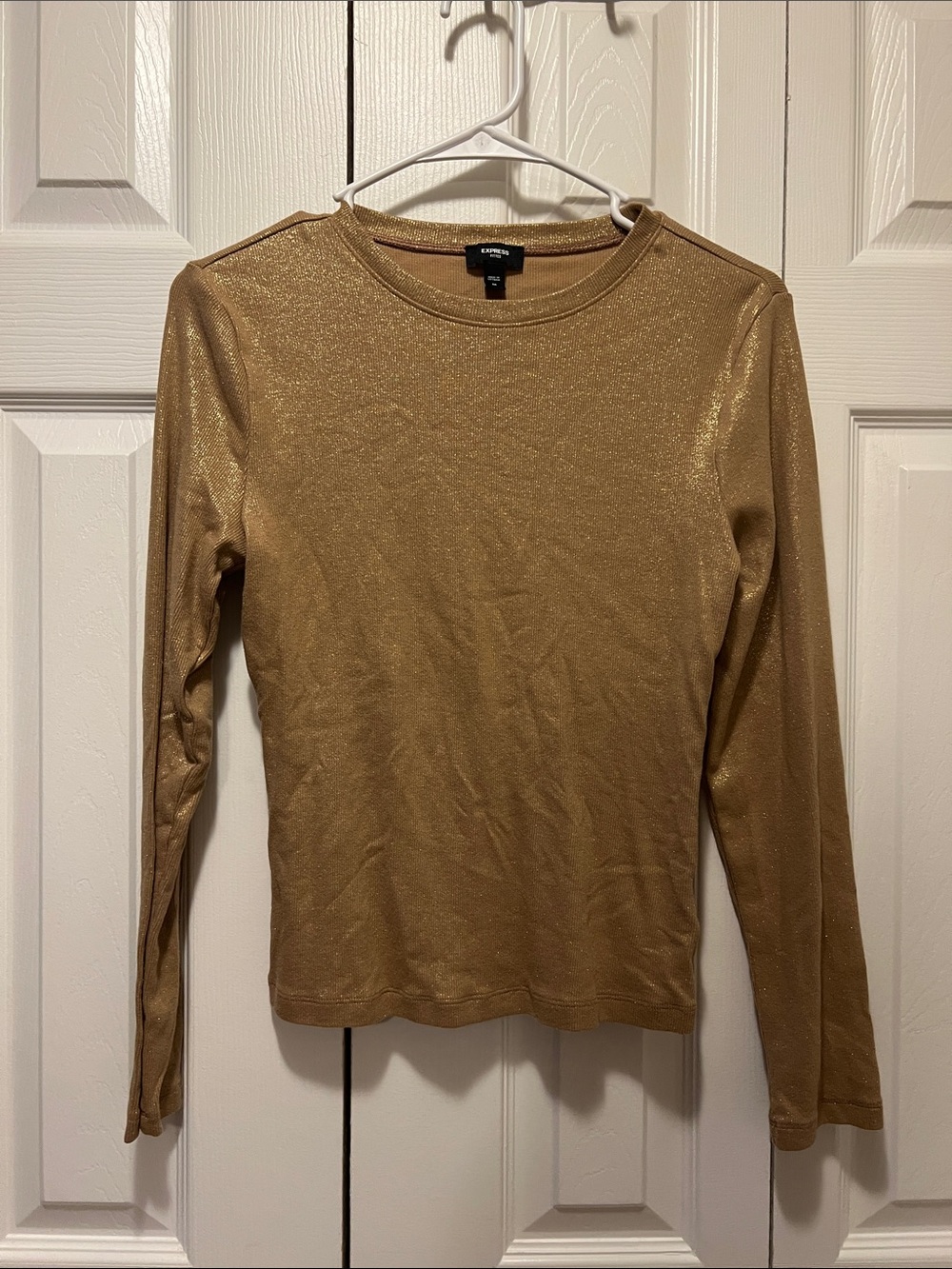 Express Metallic Gold Long-Sleeve Crewneck Top